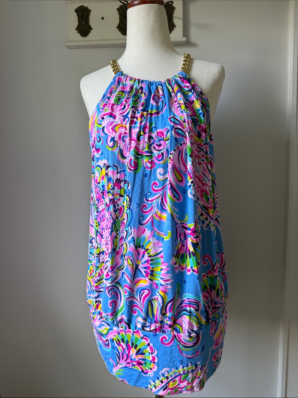 Lilly Pulitzer Blue Multicolor Floral Halter Dress with Gold Chain Straps